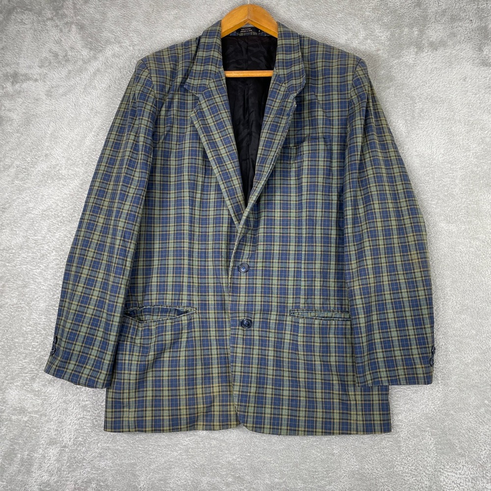 Gap Classic Blazer Mens Large Blue Green Plaid Cotton Tailored Jacket